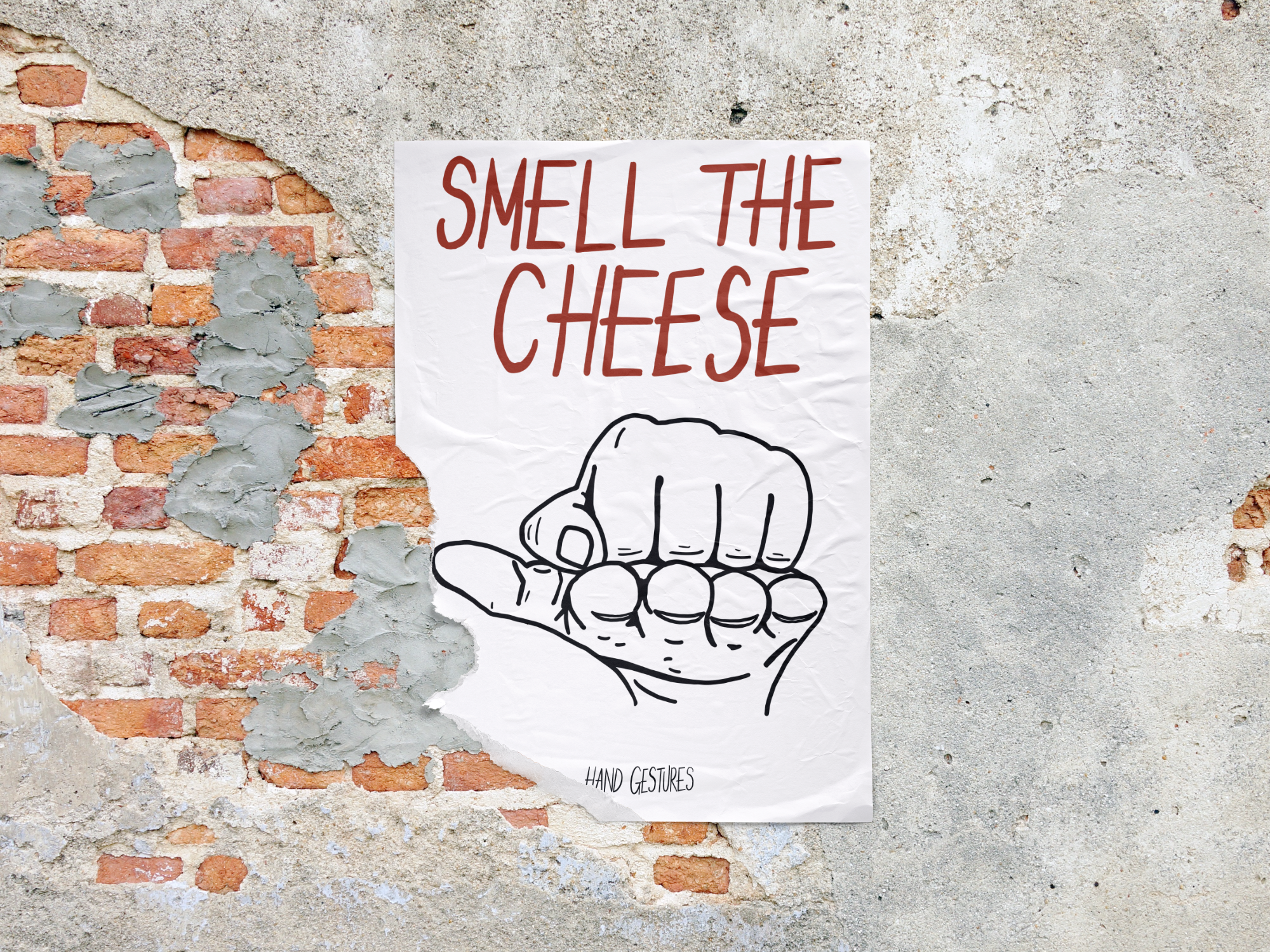 A closed fist on top of an open palm with the catchphrase 'Smell the cheese.'